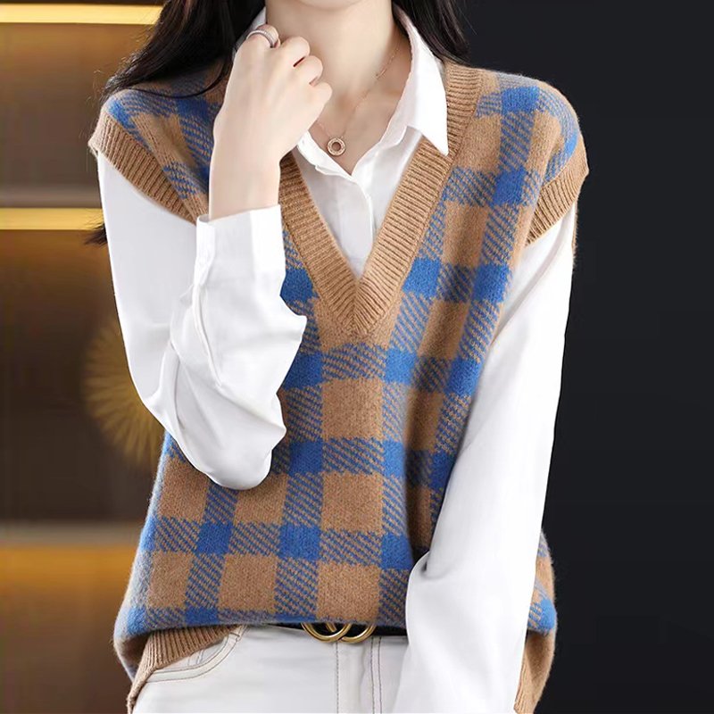 Knitted Casual Sleeveless Checkered/plaid Vests
