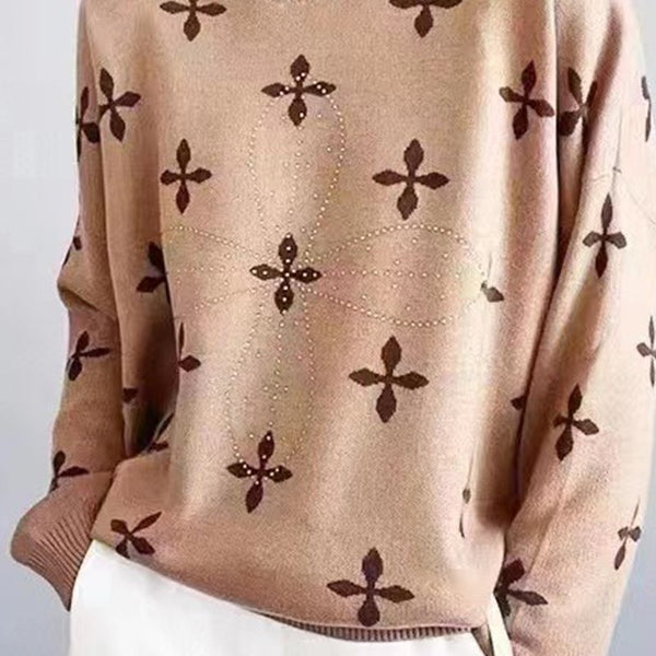 Khaki Long Sleeve Geometric Sweater