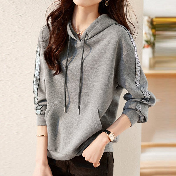 Gray Plain Shift Casual Drawstring Sweatshirt