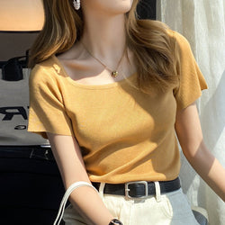 Women Short Sleeve Solid Knitted Basic Shirts & Tops
