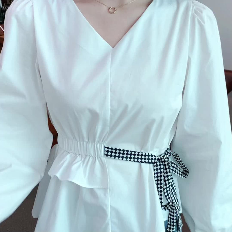 Women Casual Lace-Up Long Sleeve Nipped-waist chiffon Shirt