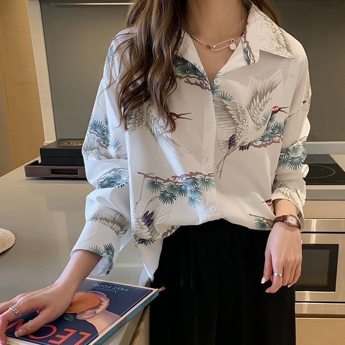 Women Simple Buttoned Long Sleeve Vntage Crane Print Shirt