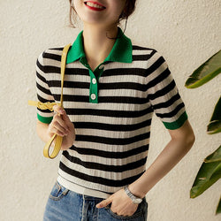 Women Striped Knitted Shift Casual Shirts & Tops