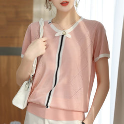 Women Casual Patchwork Short Sleeve Knitted Shirts & Tops