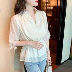 Women Lace-Up Solid Half Sleeve Shirts & Tops
