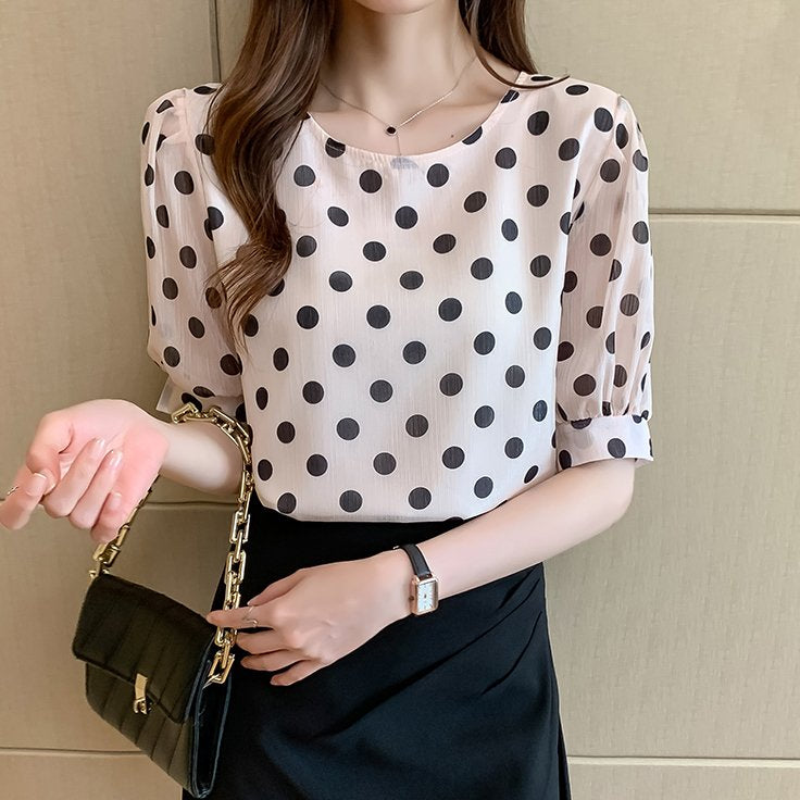 Women Bow Short Sleeve Polka Dots Shift Shirts & Tops