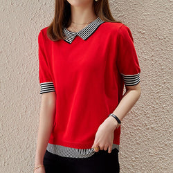 Casual Color-Block Short Sleeve Knitted Stripes Sweater