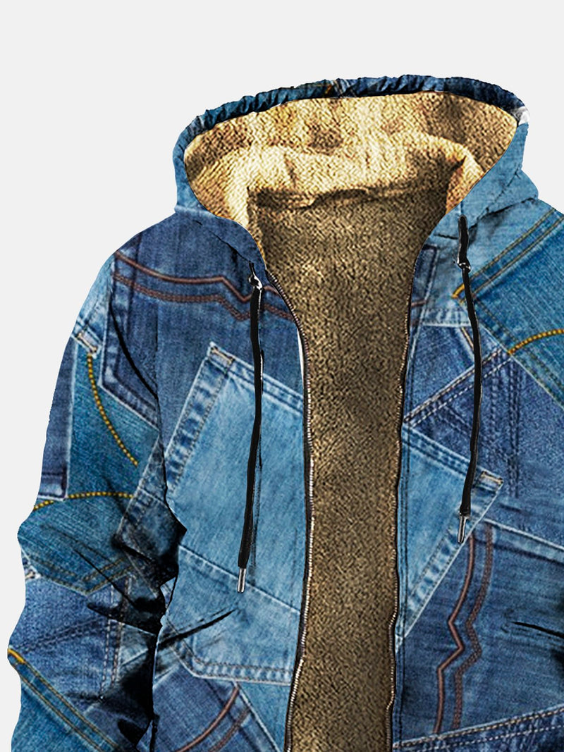 Vintage Western Denim Pocket Printed Two-Pocket Hoodies Fleece Cardigan Coat Cowboy Zip Jacket Outwear