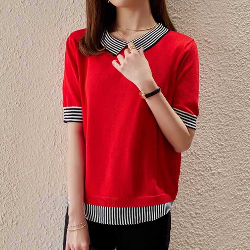 Casual Color-Block Short Sleeve Knitted Stripes Sweater