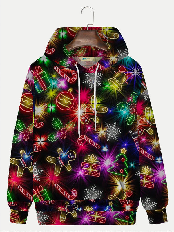 Christmas Holiday Black Men's Drawstring Hoodies Christmas Lights Fun Pullover Stretch Plus Size Sports Sweatshirts