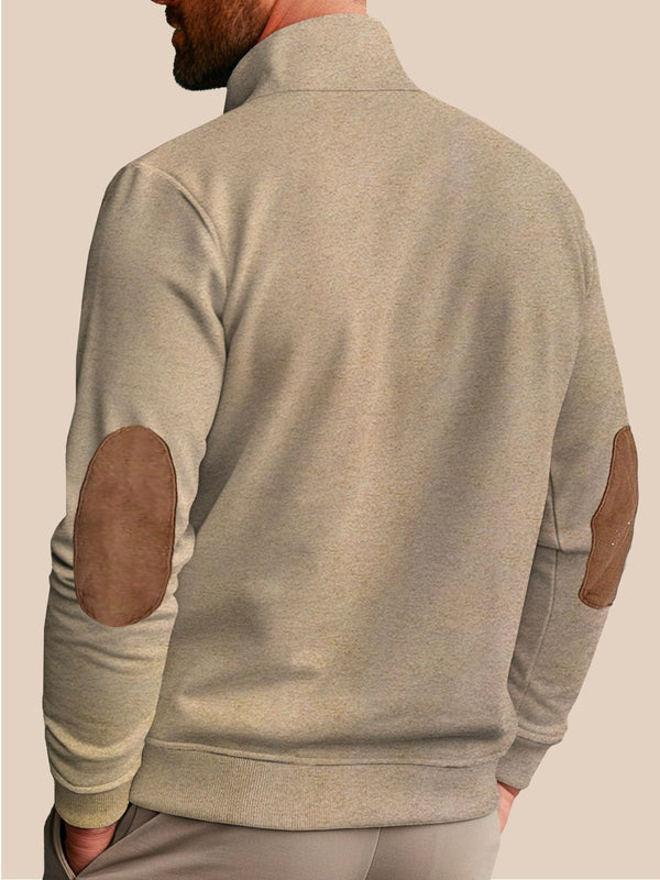 Retro Casual Men's Khaki SHalf Zipper tand Collar Sweatshirt Contrast Color Stitching Stretch Warm Plus Size Pullover hoodies