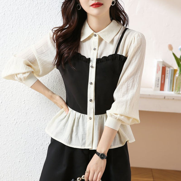 Apricot Solid Buttoned Long Sleeve Fake Two Piece Simple Top