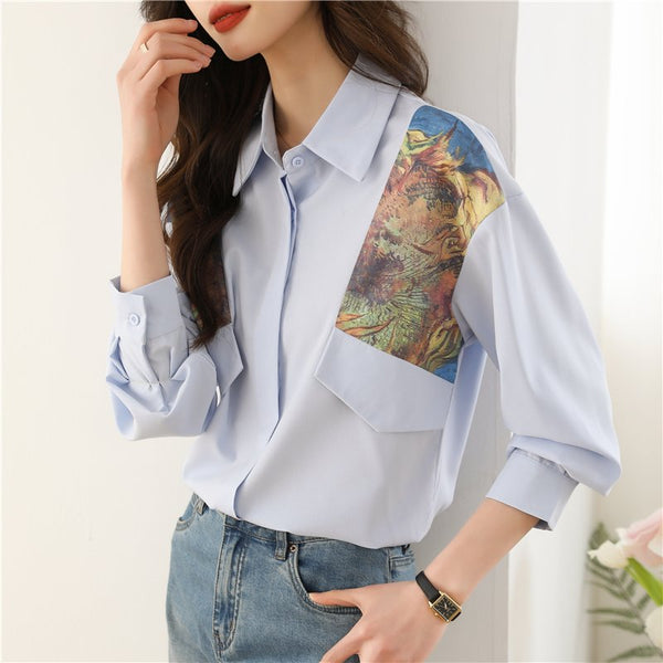 Women Summer&Spring Abstract Pritned Paneled Buttoned Long Sleeve Shirts & Tops