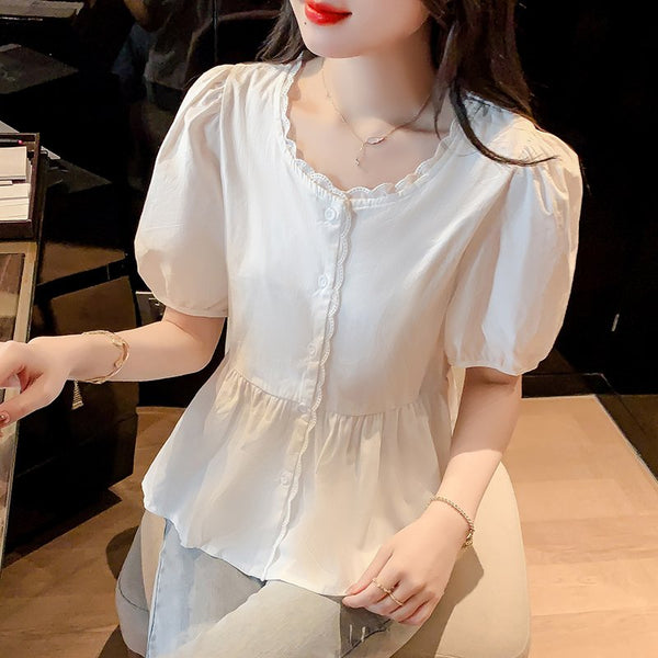 Women Puff SleevesButtoned Solid Sweet & Cute Shirts & Tops
