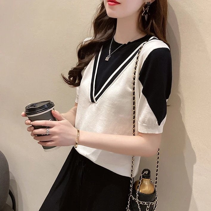 Women Short Sleeve Knitted Patchwork Shirts & Tops