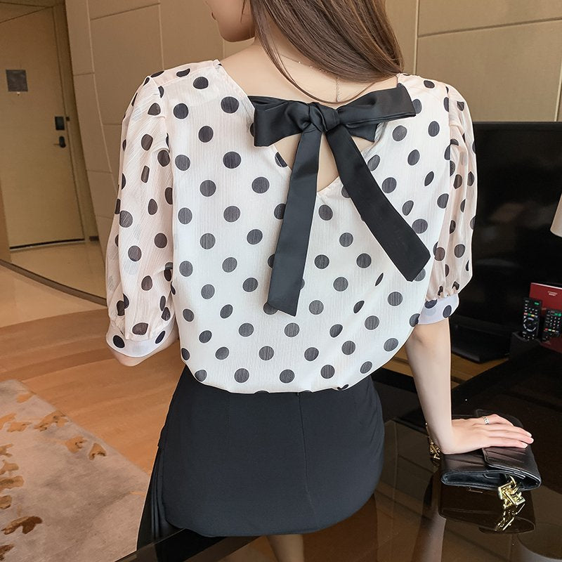 Women Bow Short Sleeve Polka Dots Shift Shirts & Tops
