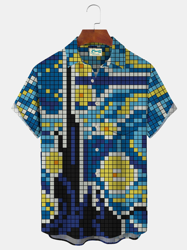 Art Cartoon Blue Men's Hawaiian Shirts Mosaic Stretch Plus Size Aloha Camp Pocket Shirts