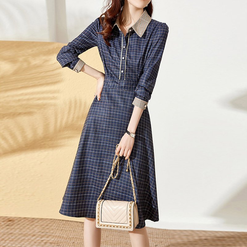Blue Checkered/plaid Paneled Casual A-Line Dresses