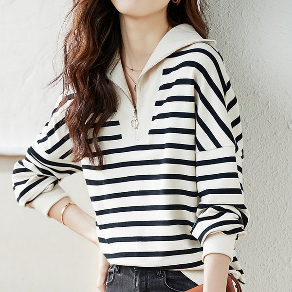 Stripe Shift Long Sleeve Zipper Shirts & Tops