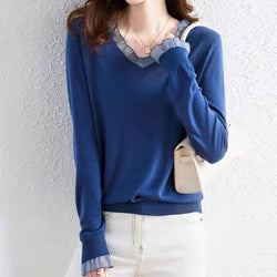 Paneled Casual Knitted Long Sleeve Sweater