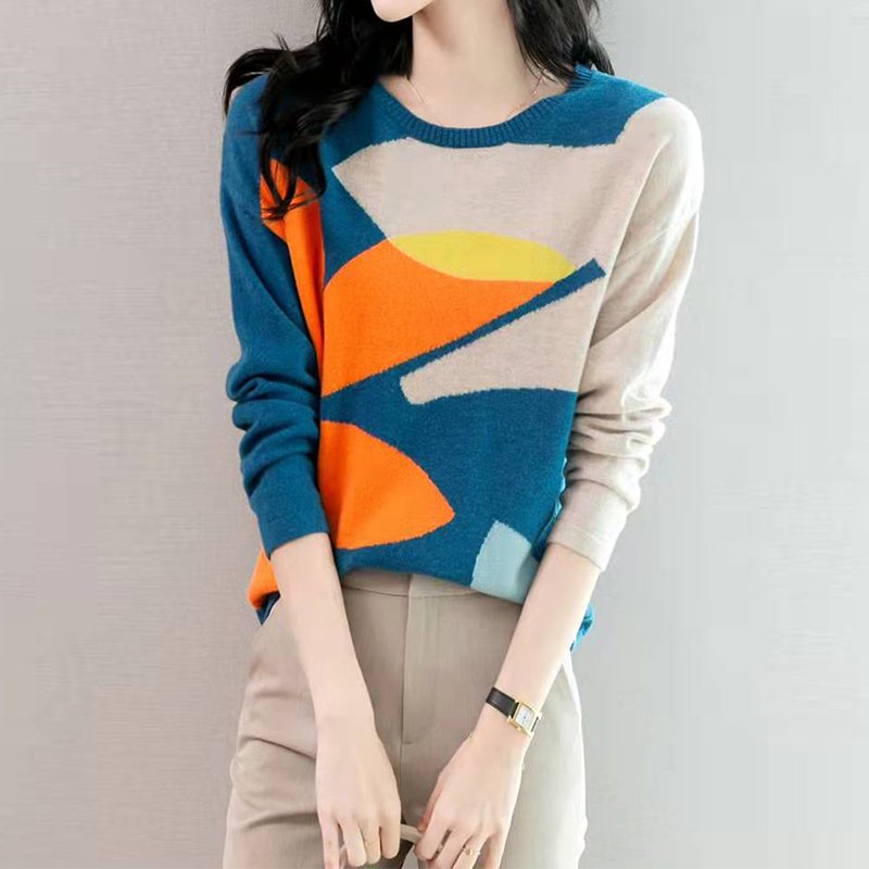 Blue Casual Shift Knitted Long Sleeve Sweater
