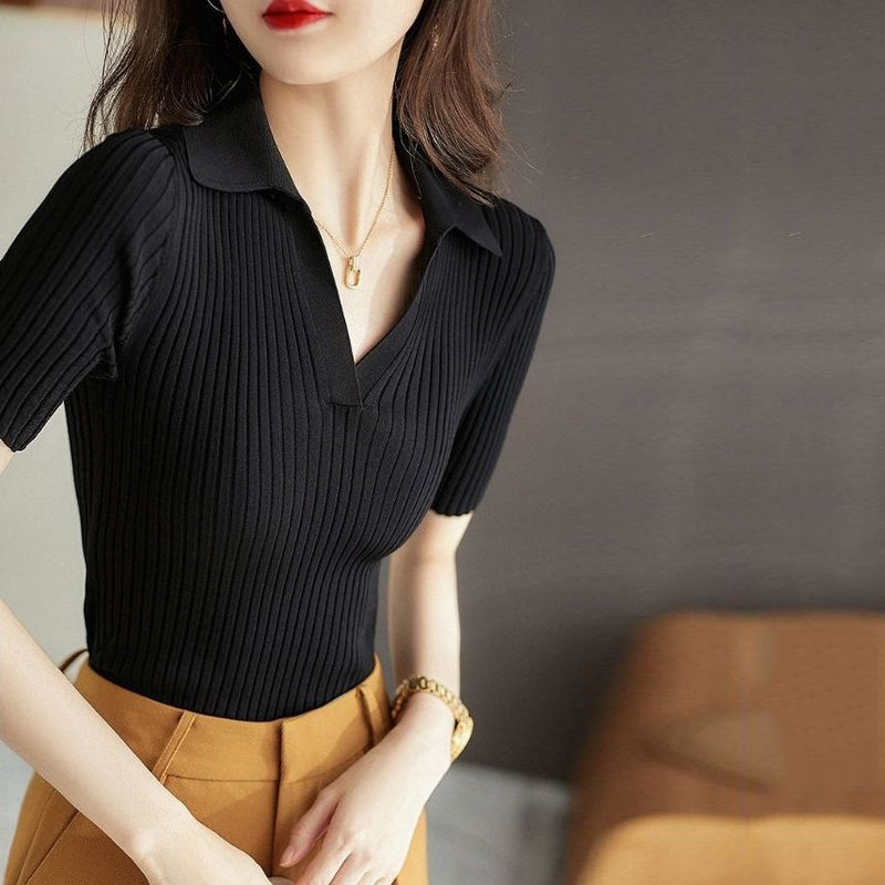 Women Sheath Casual Polo Collar solid Knitted T-shirt