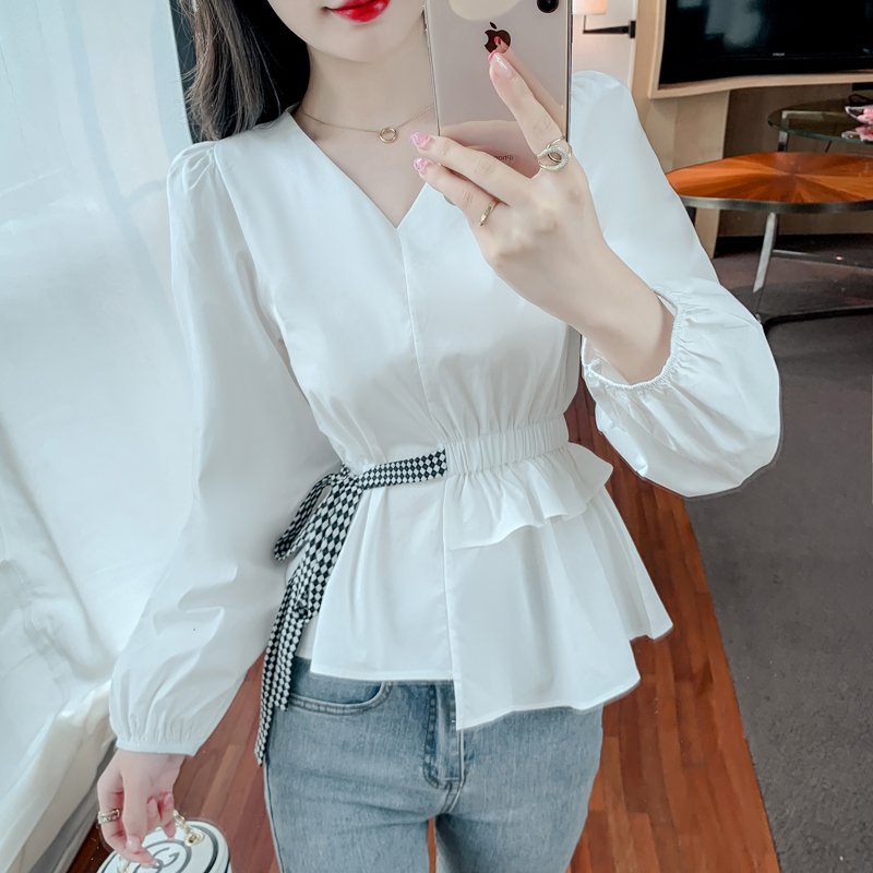 Women Casual Lace-Up Long Sleeve Nipped-waist chiffon Shirt