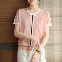 Women Casual Patchwork Short Sleeve Knitted Shirts & Tops