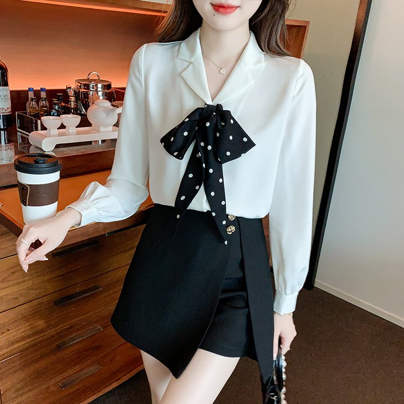 Women Long Sleeve Solid Bow Shirts & Tops