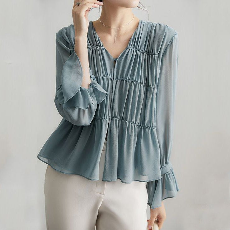 Women Ruched V neck Long Sleeve Shirts & Tops