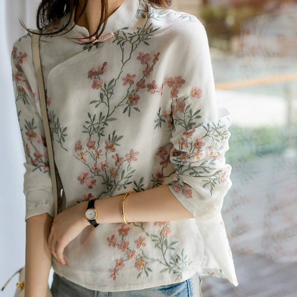 White Cotton-Blend Shift Vintage Floral Shirts & Tops