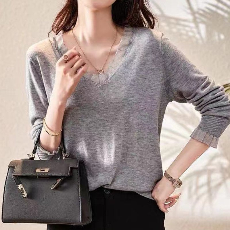 Paneled Casual Knitted Long Sleeve Sweater
