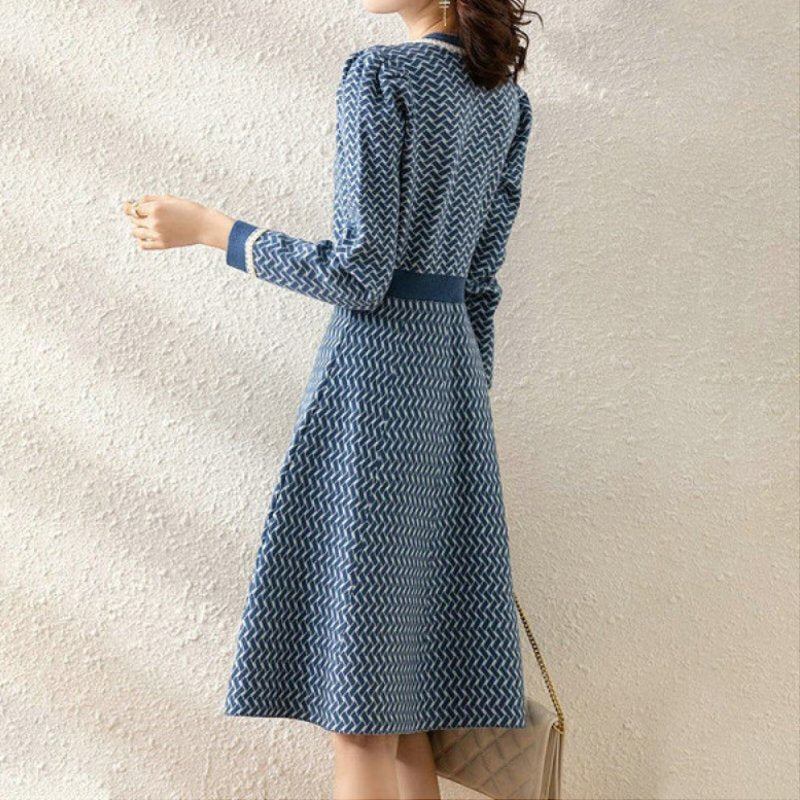 Blue Long Sleeve Geometric Knitted Dresses