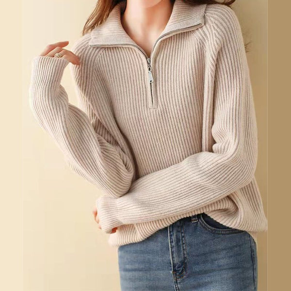 Plain Shift Zipper Long Sleeve Sweater