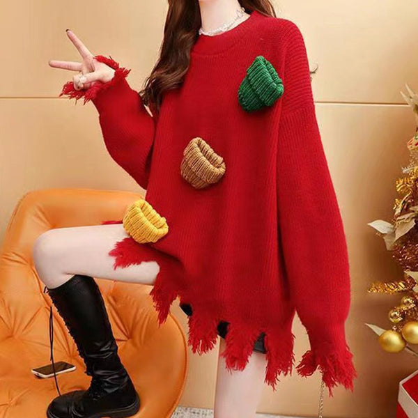 Sweet Fringed Long Sleeve Knitted Sweater