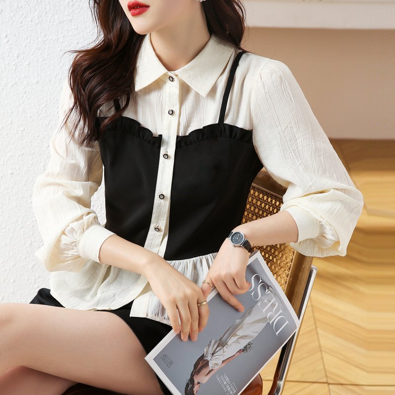 Apricot Solid Buttoned Long Sleeve Fake Two Piece Simple Top