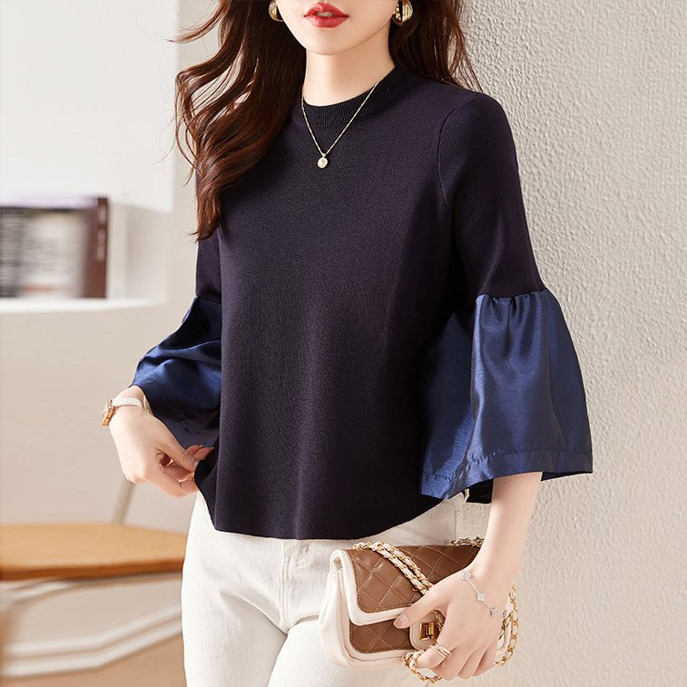 Women Shift Bell Sleeve Patchwork Casual Shirts & Tops