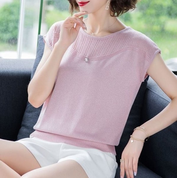Knitted Short Sleeve Solid Shift Shirts & Tops