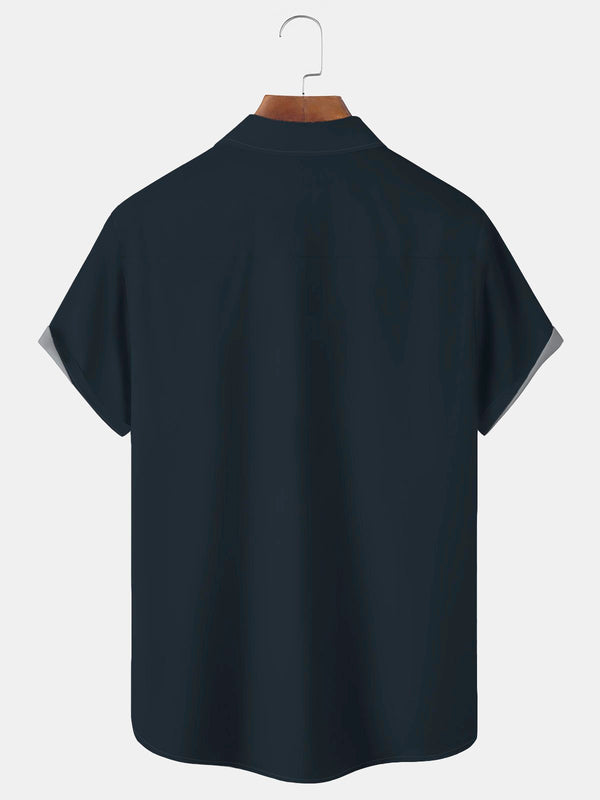 50's Vintage Dark Blue Men's Check Shirts Stretch Plus Size Aloha Camp Pocket Shirts