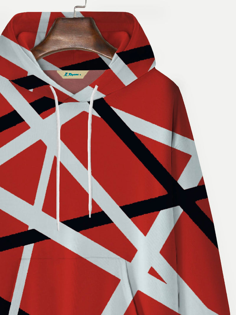 Retro Rock Red Geometric Music Art Men's Drawstring Hoodies Stretch Oversized Pocket Pullover Sweatshirts