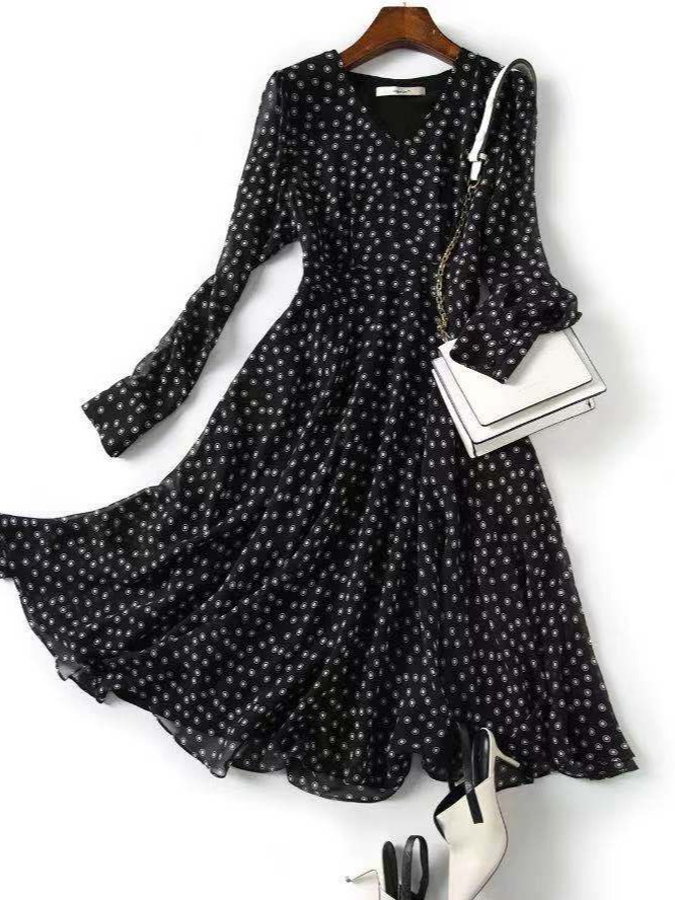 Black Long Sleeve Polka Dots Dress
