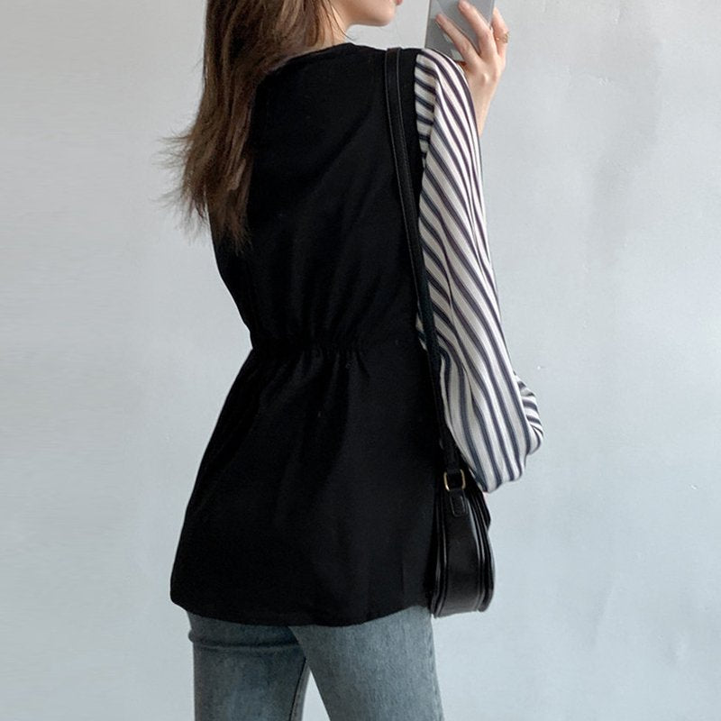 Black Paneled Casual Stripes Shirts & Tops