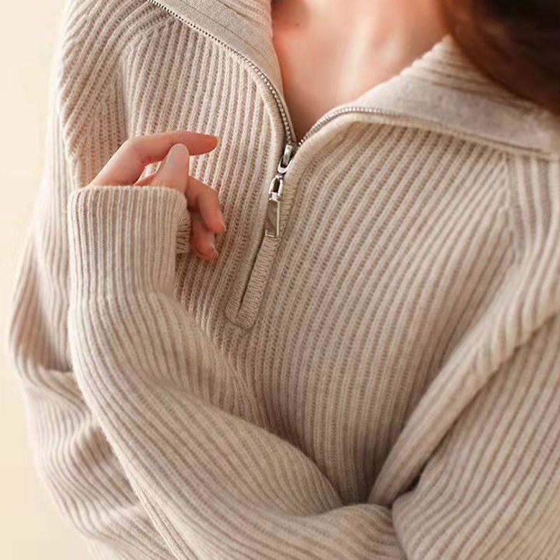 Plain Shift Zipper Long Sleeve Sweater