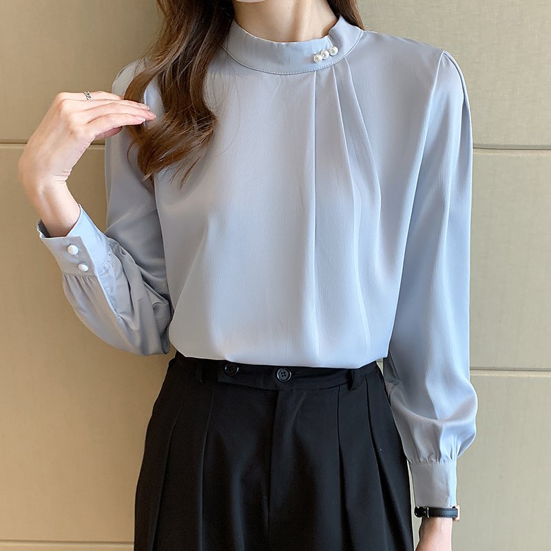 Women Formal Chiffon Beaded Stand Collar Long Sleeve Shirts & Tops