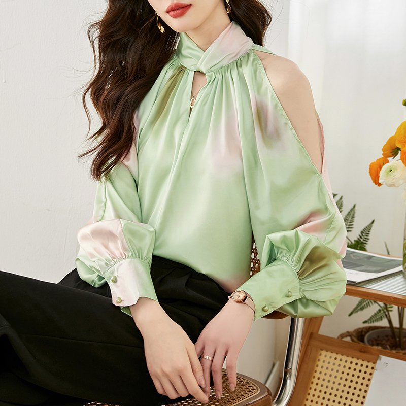 Women Elegant Chiffon Long Sleeve Cold Shoulder Shirts & Tops