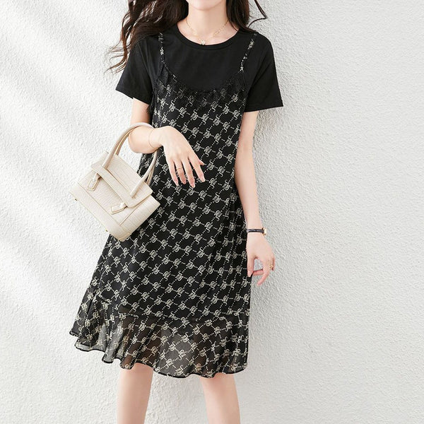 Women Casual Short Sleeve Paneled Fake Two Piece Dresses