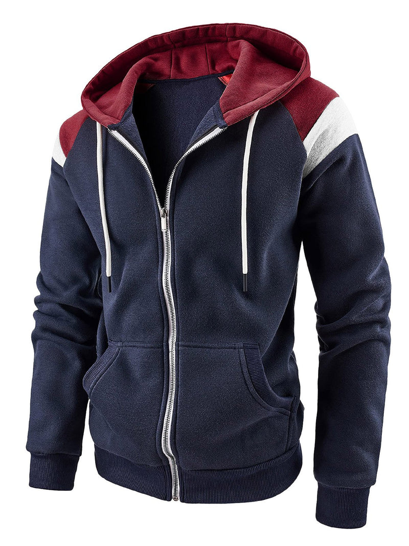 Men's Casual Contrast Plain Hooded Zip Sweatshirt