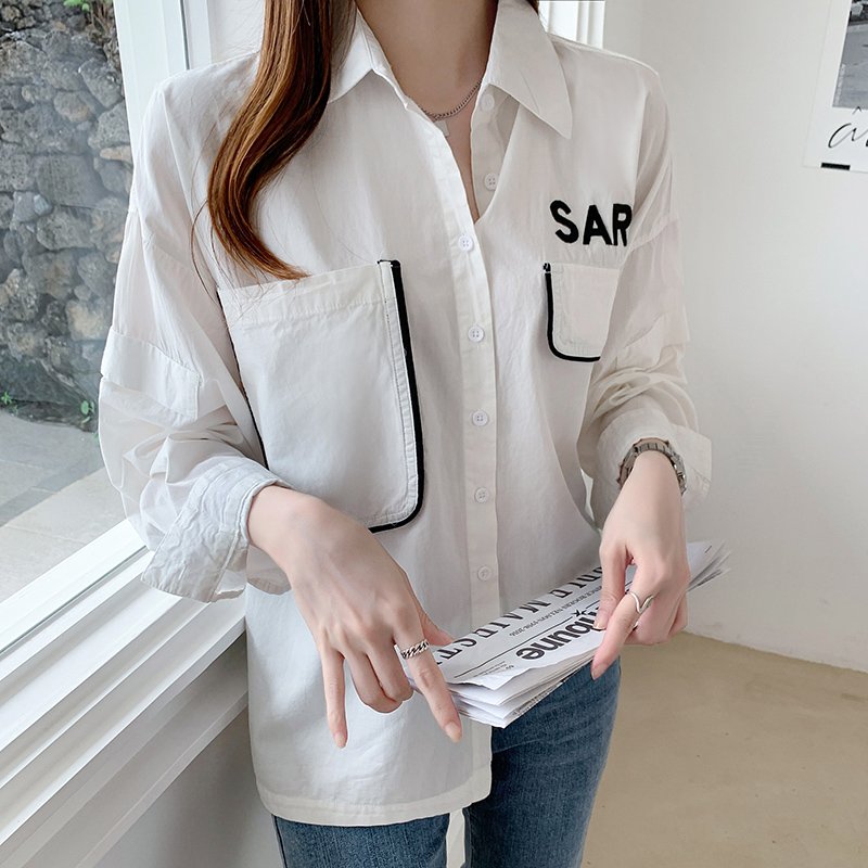 White Long Sleeve Chiffon Letter Shirts & Tops