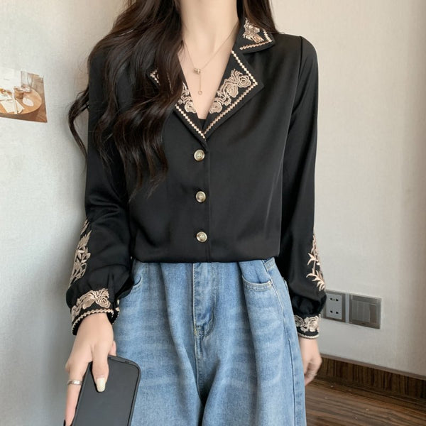 Long Sleeve Floral Embroidered Buttoned Shift Shirts & Tops