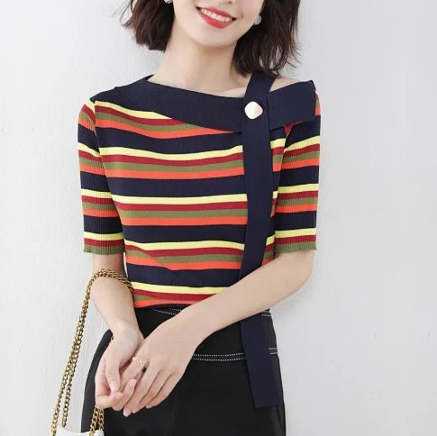 Women One Shoulder Short Sleeve Casual Cutout Knitted Shirts & Tops